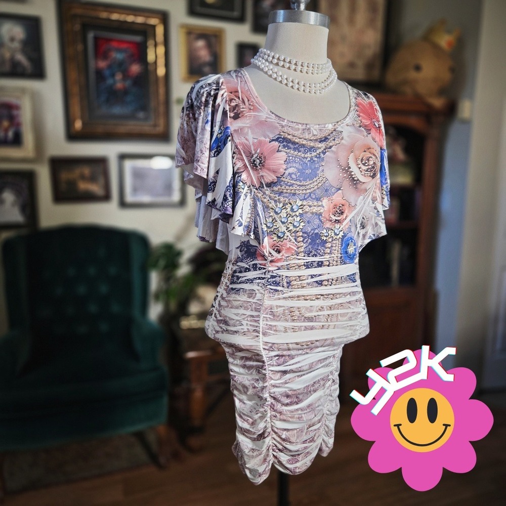 Vintage Y2K Diva Women's Floral‎ Ruffle Sleeve Ruched Fairycore Bodycon Dress